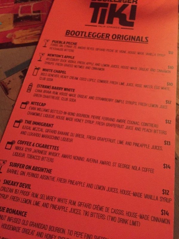 The cocktail menu at Bootlegger Tiki, Palm Springs, California