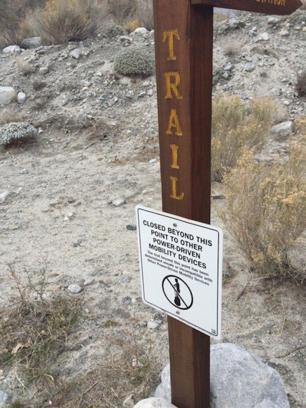 A no Segway scooter sign that is posted on the trail at Whitewater Preserve near Palm Springs