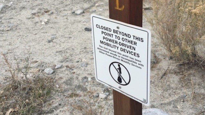 A no Segway scooter sign that is posted on the trail at Whitewater Preserve near Palm Springs