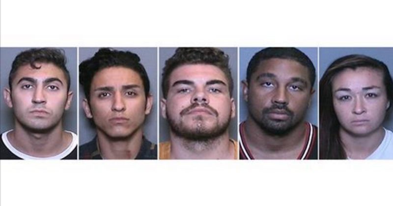 Ashkan Dezhangfard, left, Siavish Hosseinaliarhani, Ryan Huebnar, Brion Hyde and Anjelica Shiabata were arrested Friday (Orange County Sheriff's Department)
