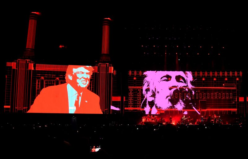 INDIO, CA - OCTOBER 16: An illustration of Donald Trump appears on the screen during Roger Waters performance at Desert Trip at The Empire Polo Club on October 16, 2016 in Indio, California. (Photo by Kevin Mazur/Getty Images for Desert Trip)