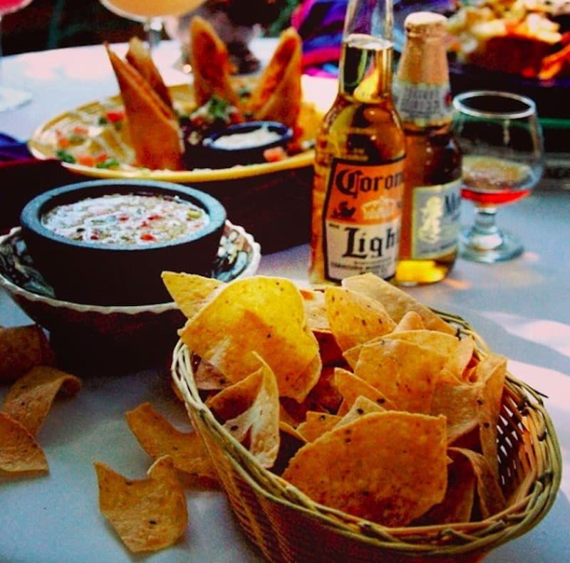 Chips & salsa, beer, and chicken flautas at Happy Hour at the bar at Las Casuelas Nuevas in Rancho Mirage
