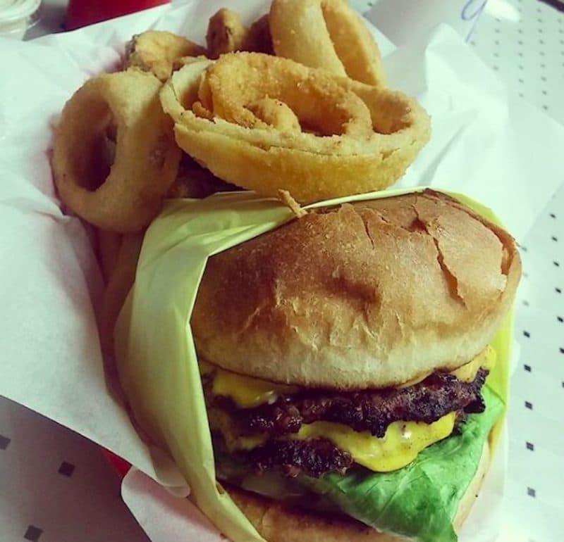 A hamburger and onion rings from Boy's Burgers in Cathedral City