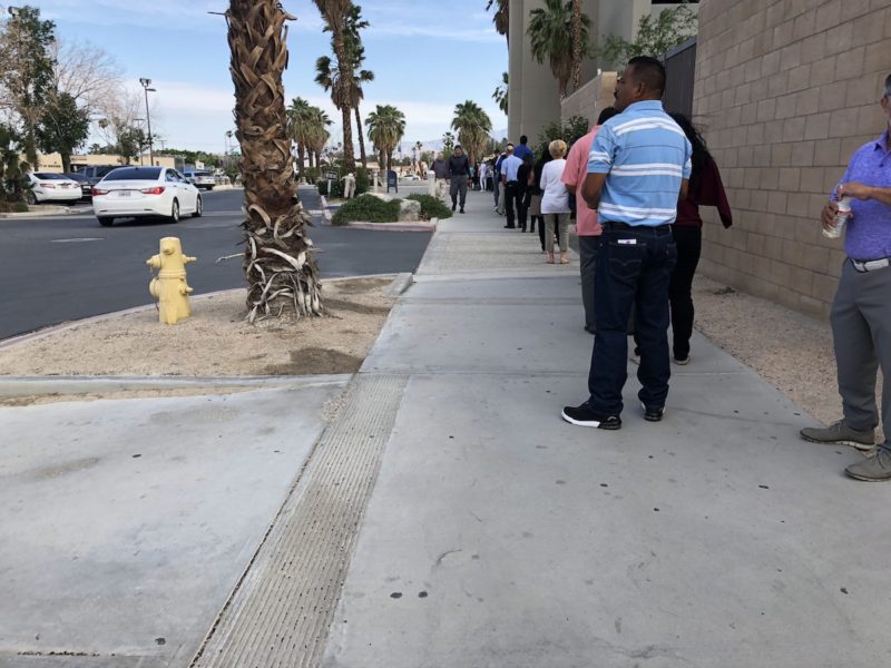 A long line at the Larson Justice Center in Indio , California for jury duty