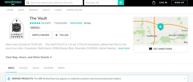 The Vault Church listing on Weedmaps