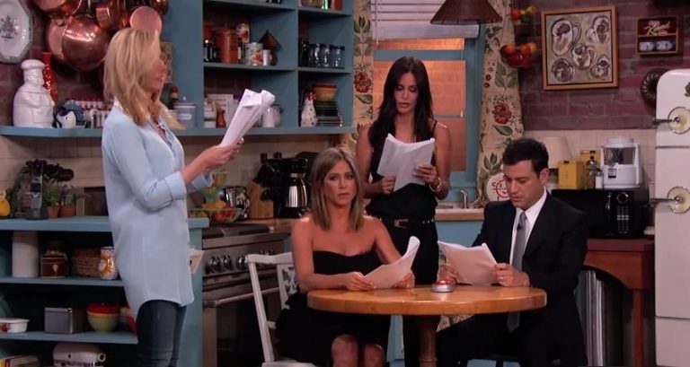 Jimmy Kimmel, Jennifer Aniston, Courteney Cox, & Lisa Kudrow Recreate “Friends”