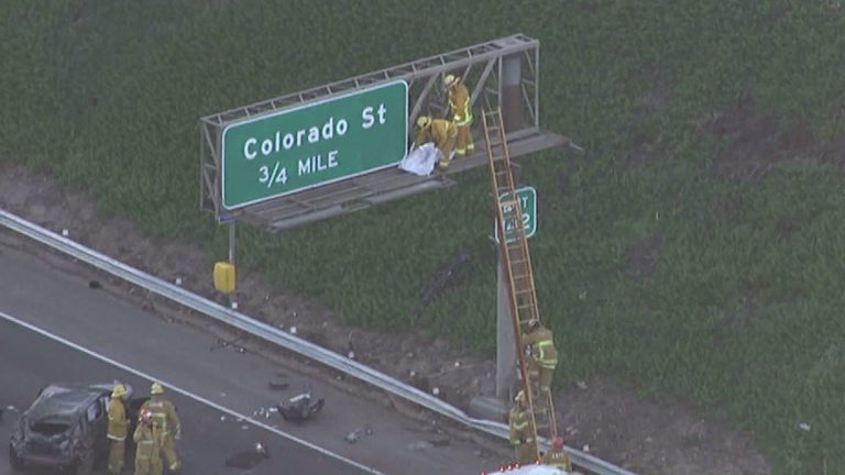 Driver ejected onto freeway sign was passing on shoulder before fatal crash: CHP