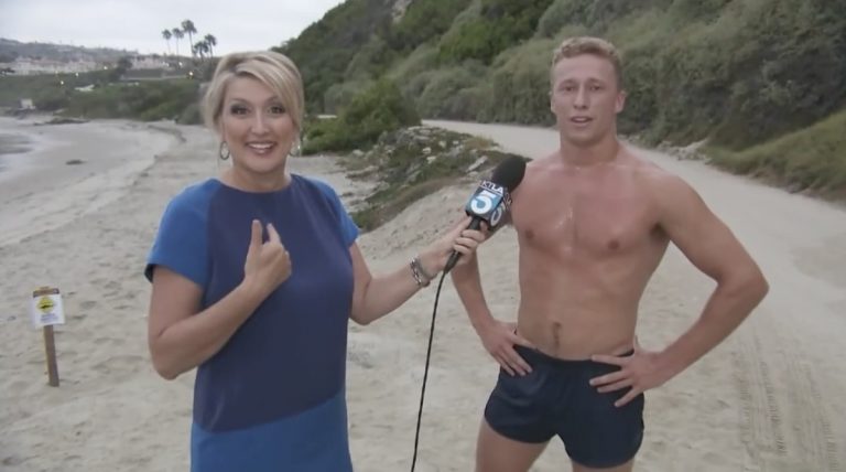 Video: Shirtless Aussie dude is just too much for LA reporter