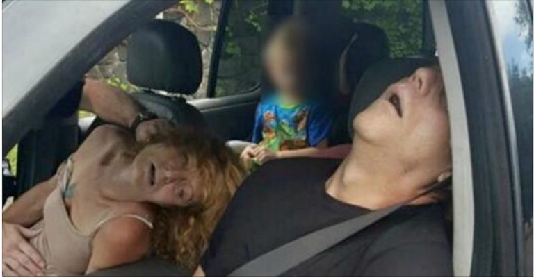 Police post photos of two adults allegedly passed out on heroin with child in backseat