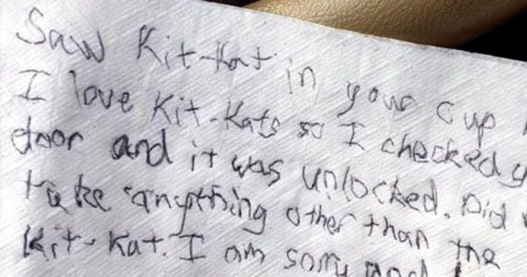 Hungry thief leaves note after swiping delicious Kit Kat from vehicle