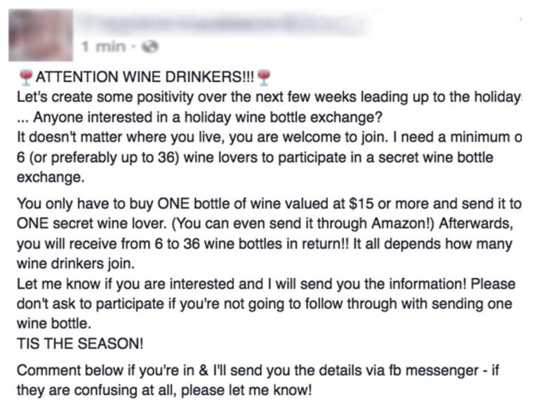 FYI: that Facebook Christmas wine exchange is a big ol’ scam