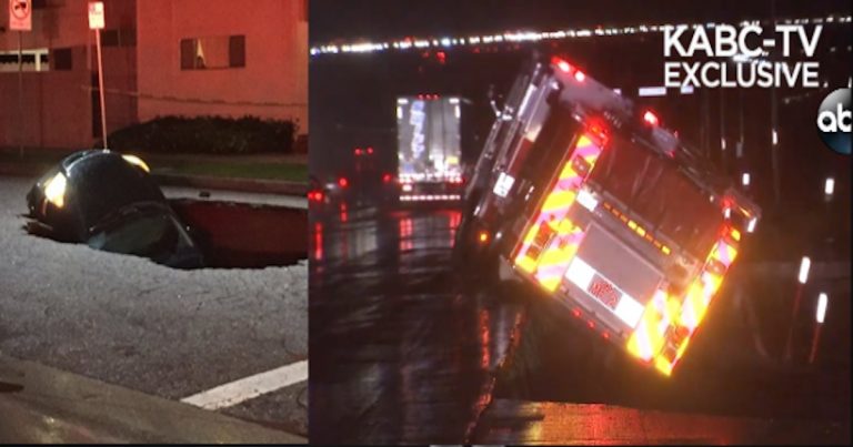 Videos: So Cal roads swallow up a fire truck and a couple of cars