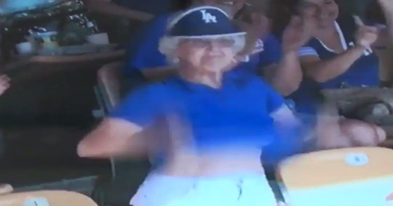 ‘Rally Granny’ flashes on the big screen at Dodger Stadium