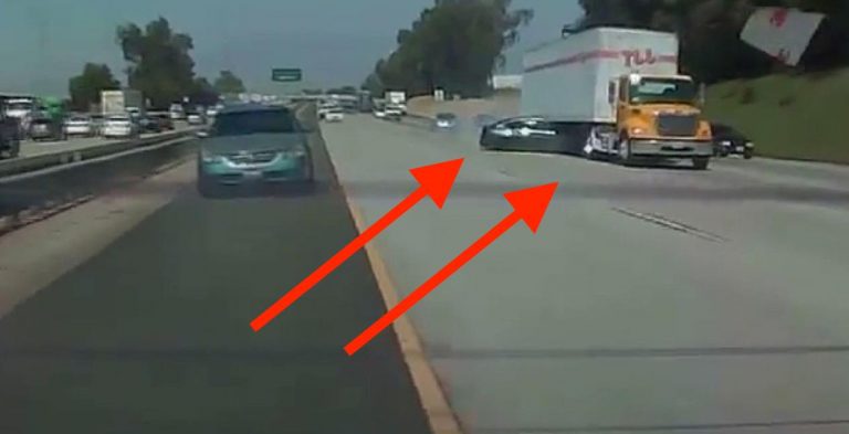 [WATCH] Car gets spun into big rig in dramatic hit and run on the 10 Freeway in the IE