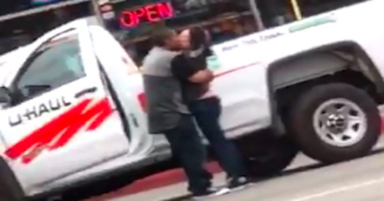 High speed pursuit ends with odd embrace and kiss