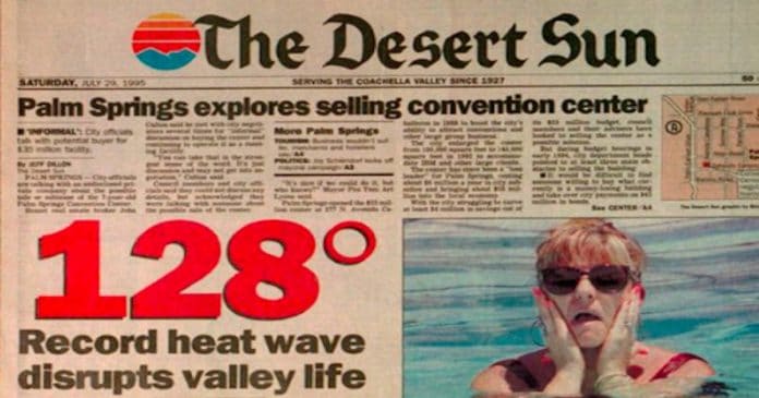 A headline from the Desert Sun proclaiming that Palm Springs reached 128 degrees, which it did not
