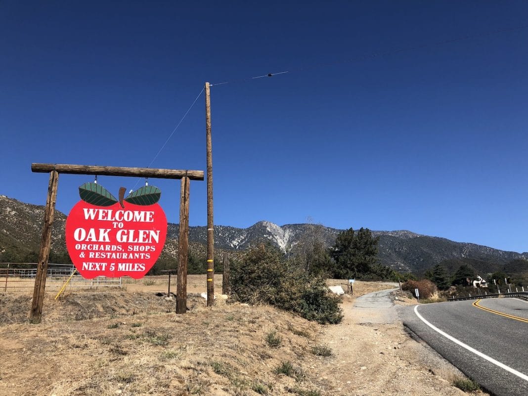A sign denotes Oak Glen, California