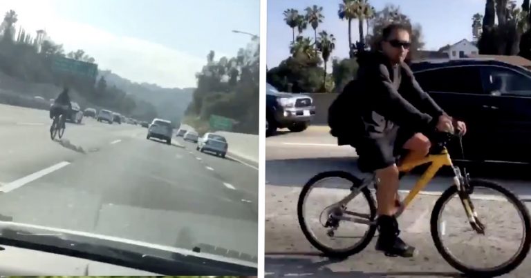 Hollywood guy decides 101 Freeway is the perfect place to go for a bike ride