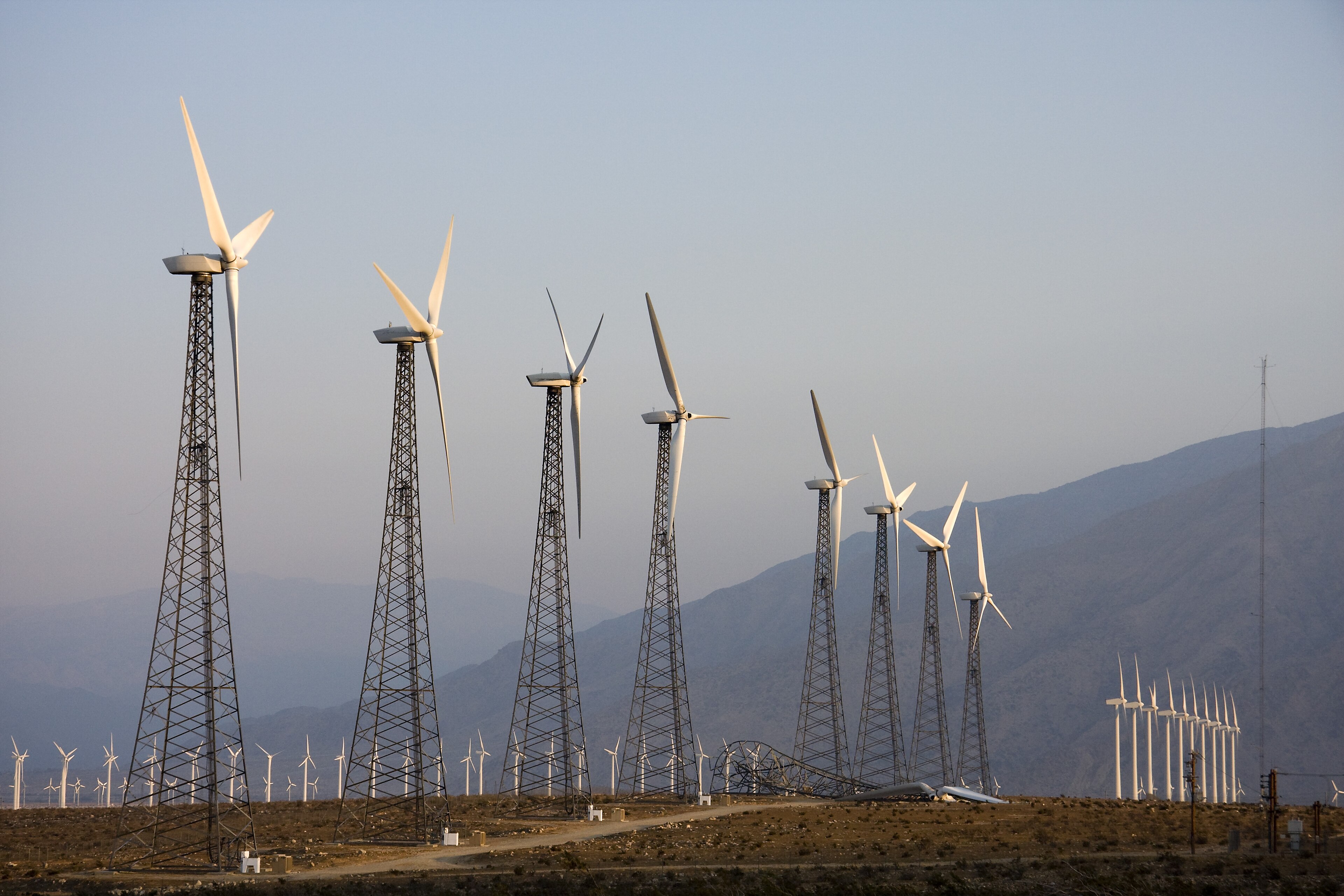 Row of wind turbines in the desert near Palm Springs, California